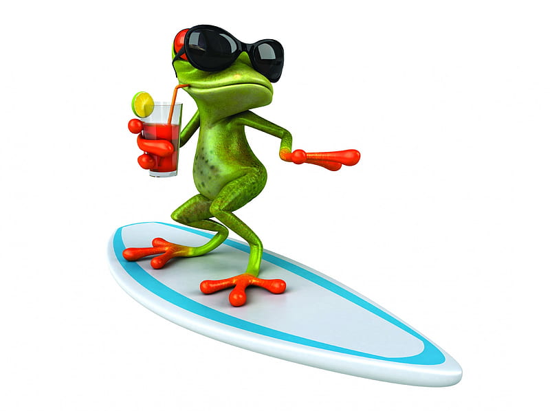 Funny 3D Frog, frog, board, 3d, cocktail, glasses, surf, funny, HD wallpaper