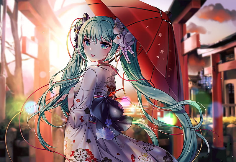 vocaloid, hatsune miku, kimono, umbrella, shrine, Anime, HD wallpaper
