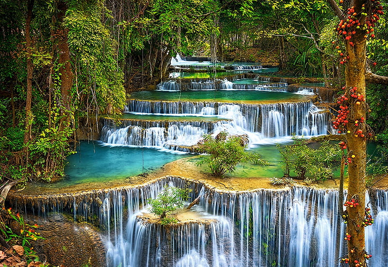 The Cascade - Waterfall in Thailand, trees, river, rocks, tropical ...