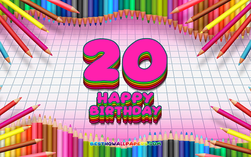 Happy 20th birtay, colorful pencils frame, Birtay Party, pink checkered background, Happy 20 Years Birtay, creative, 20th Birtay, Birtay concept, 20th Birtay Party, HD wallpaper