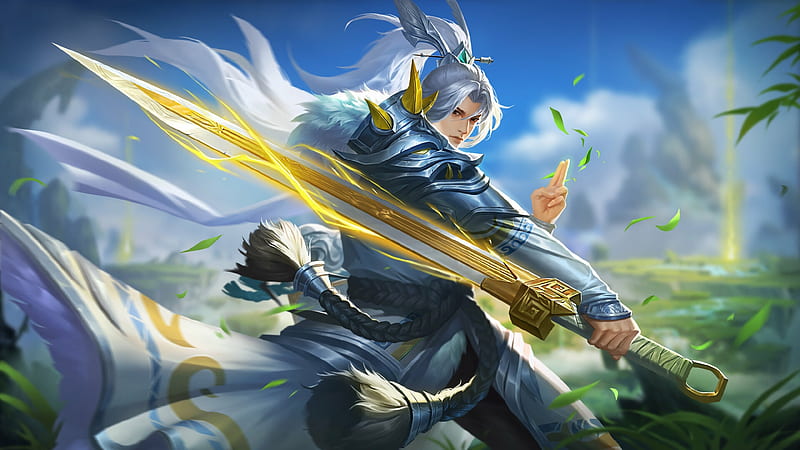 Swordsman, fantasy, luminos, yellow, cai qiang, man, sword, blue, HD wallpaper