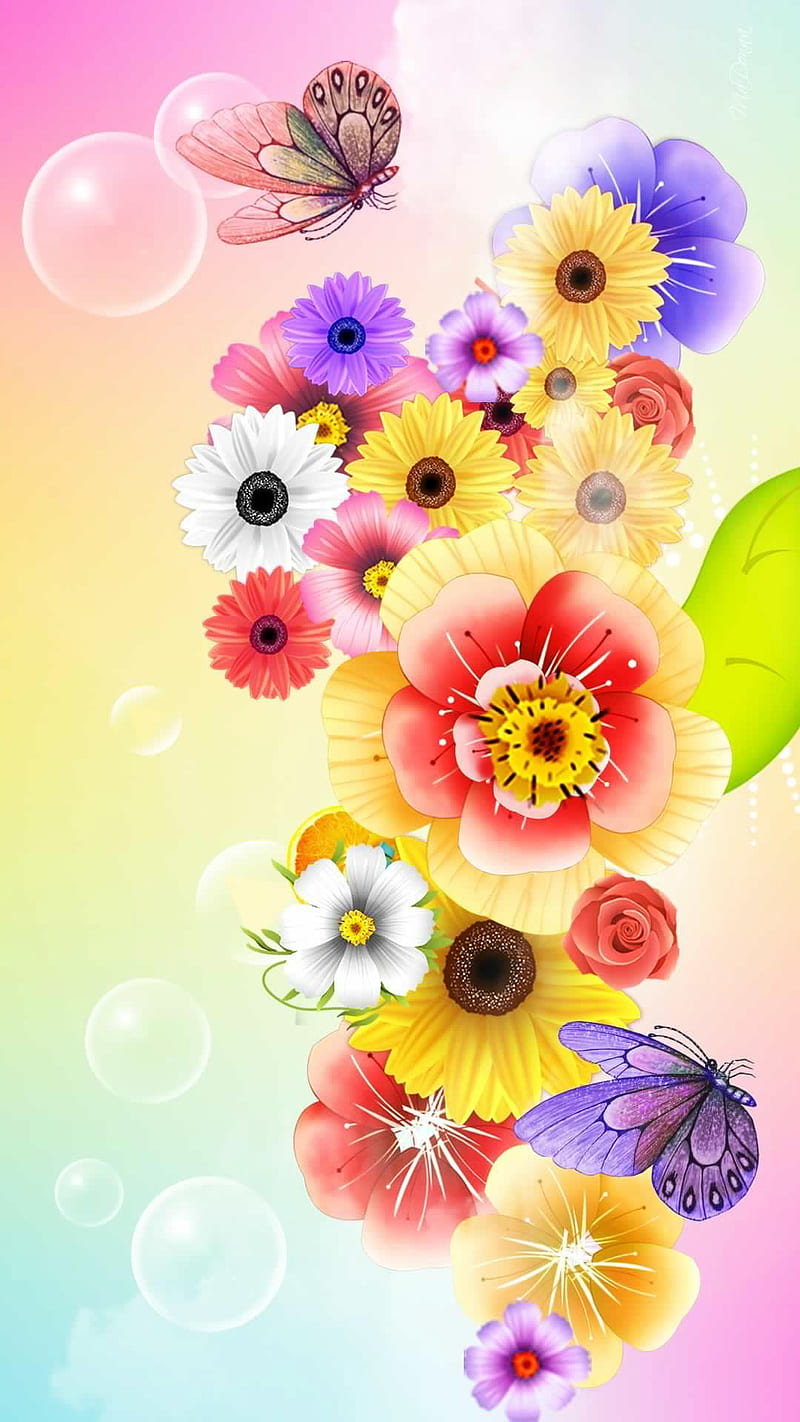 flowers, bubbles, butterfly, color, desenho, HD phone wallpaper