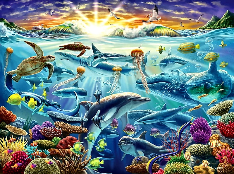 Underwater Wildlife F, underwater, turtles, art, fish, ocean, bonito, artwork, sea, dolphins, painting, wide screen, wildlife, seascape, scenery, HD wallpaper