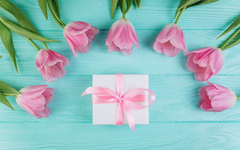 Happy Women's Day!, box, bow, gift, mother, women, card, flower, day, pink, wood, blue, tulip, HD wallpaper