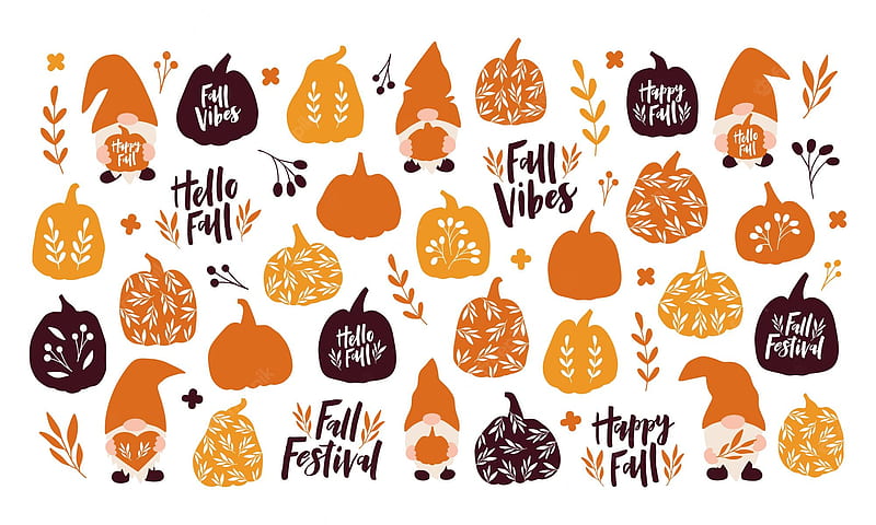 Premium Vector. Vector set autumn symbols and elements. hand drawn pumpkin, leaf, cute gnome, letterinng quote on white background. harvest, fall season, halloween decoration. template for poster, card, sticker, Happy Fall, HD wallpaper