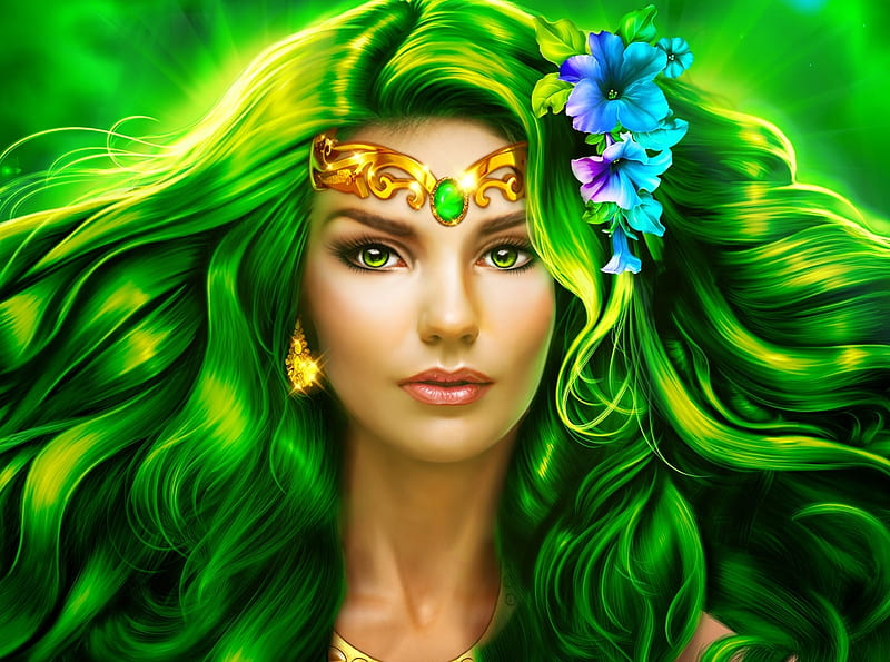 Green Lady, girl, art, fantasy, green, digital, bonito, HD wallpaper