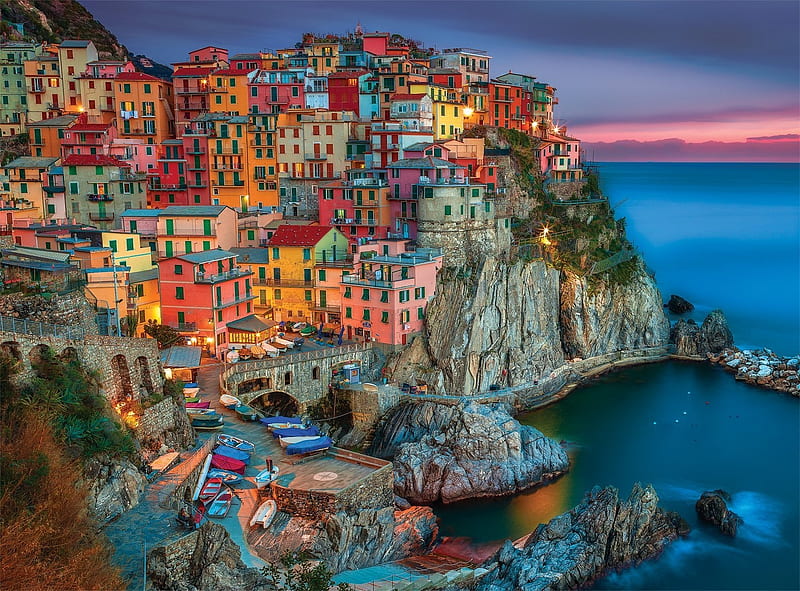 Cinque Terre, Italy, houses, village, cliff, sunset, clouds, sky, coast, sea, HD wallpaper