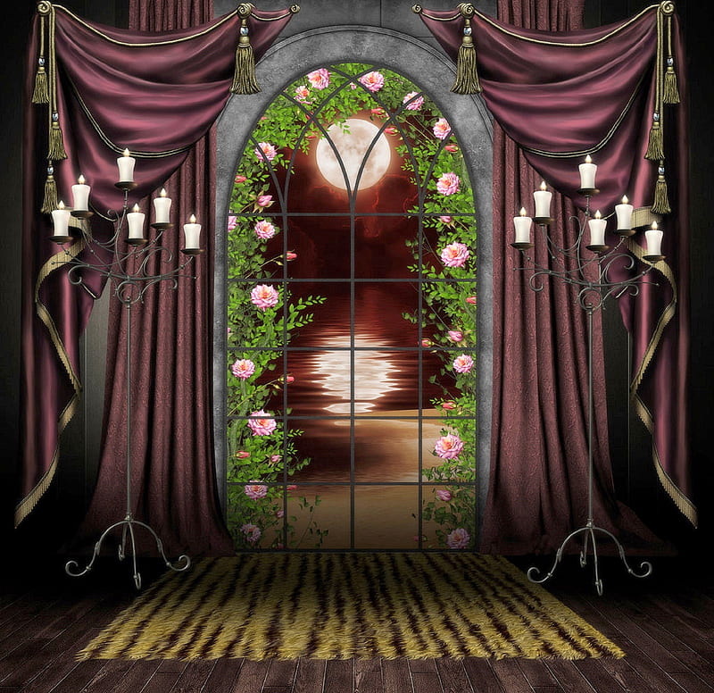 Gothic Window with Moonlight, halloween, premade BG, creeping plants, interior, book, candlelight, gothic, stock , flowers, room, resources, window, curtains, roses, wood texture, candles, moonlight, nature, HD wallpaper