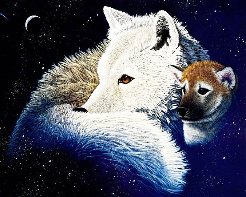 Wolves, art, luminos, william schimmel, taile, sky, painting, cub, lup ...