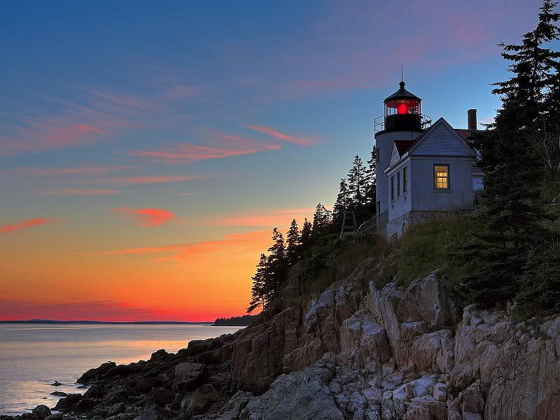 Lighthouse, forest, house, sun, rock, sunset, trees, sky, clouds, lake ...