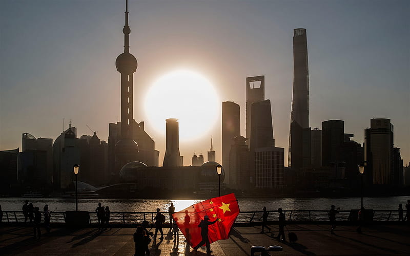 Shanghai, metropolis, skyscrapers, modern tasks, Chinese flag, morning, sunrise, China, HD wallpaper