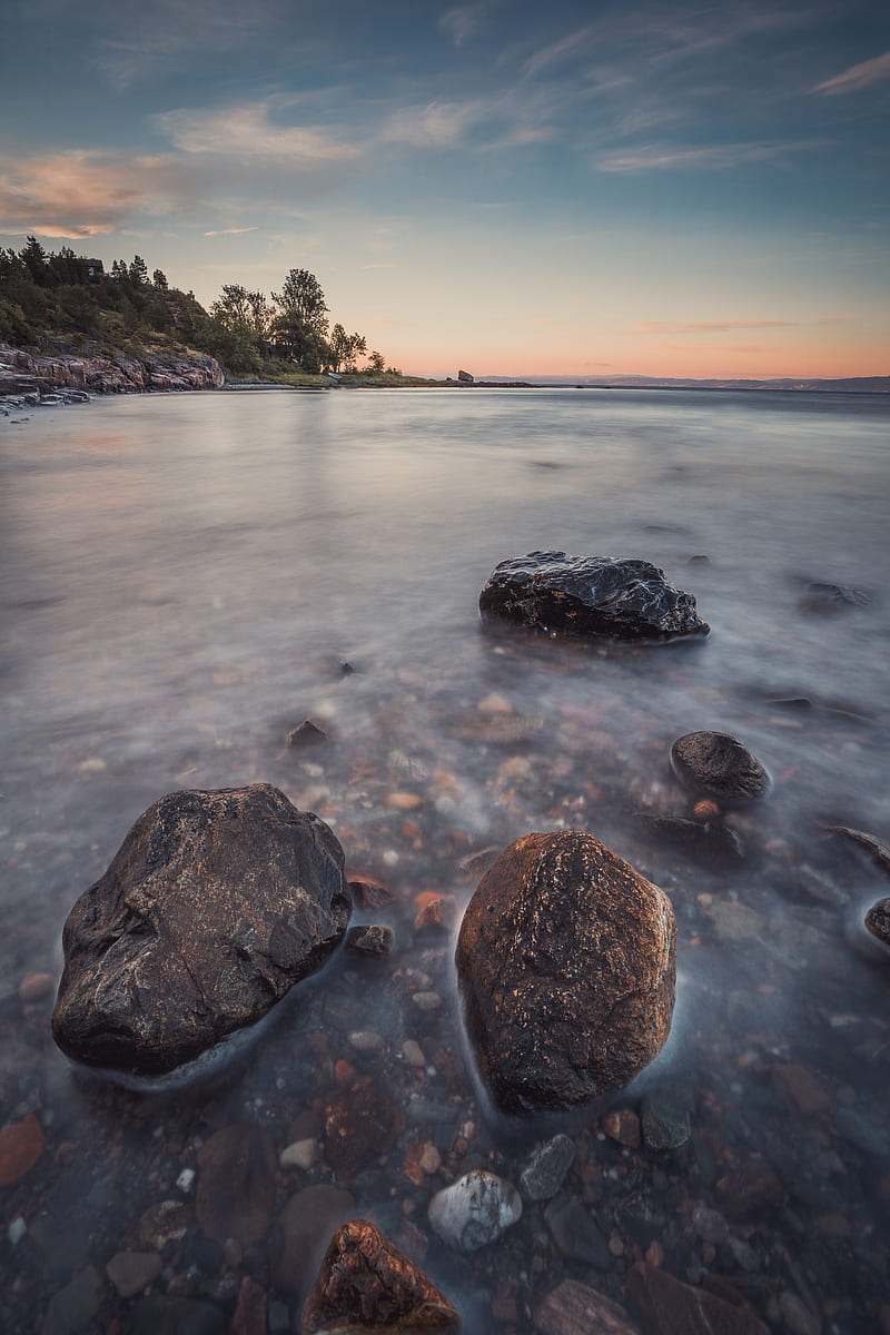 lake, stones, horizon, sky, HD phone wallpaper