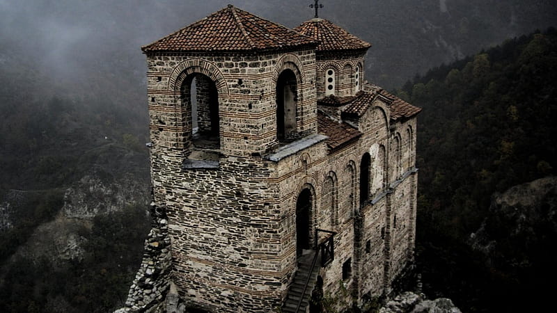 church in the mountains, church, stone, mountains, mist, HD wallpaper
