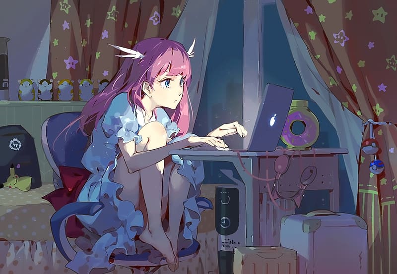 Anime, Laptop, Dress, Original, Pink Hair, HD wallpaper