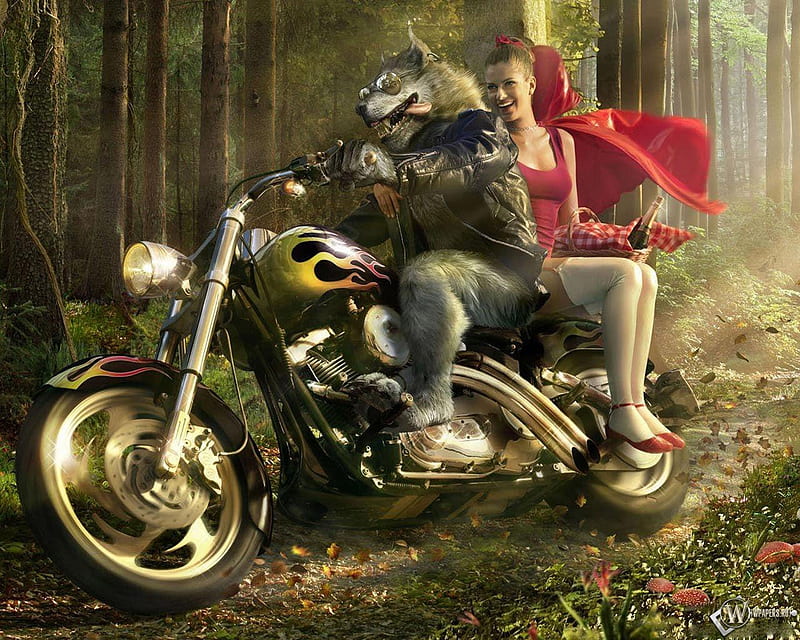 red riding hood on ride with wolf, red, forest, red-riding-hood, ride, werewolf, wolf, bike, red riding hood, HD wallpaper