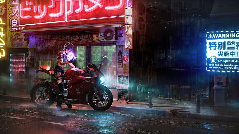 Girl Sitting On Ducati 1199 Cyberpunk, artist, artwork, biker, cyberpunk, HD wallpaper