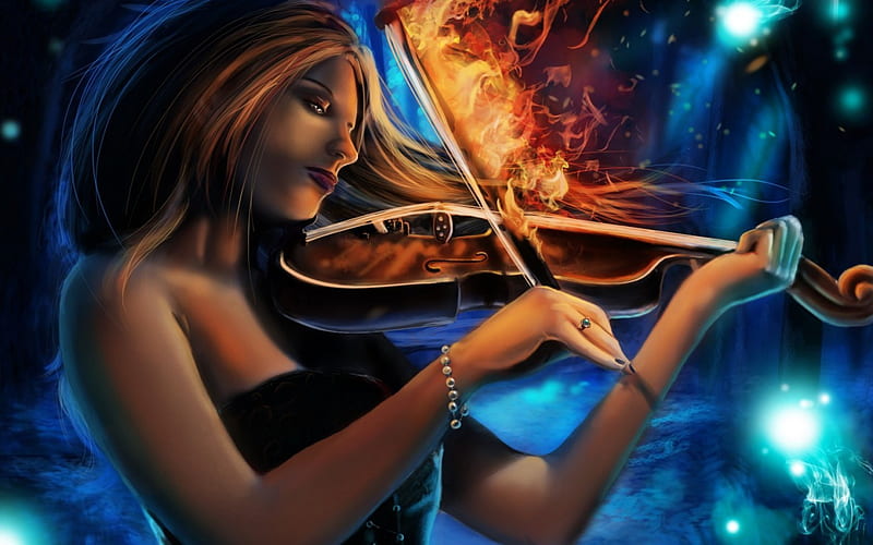 Magical music, art, violin, orange, redhead, music, black, magic, woman, fire, fantasy, girl, blue, HD wallpaper