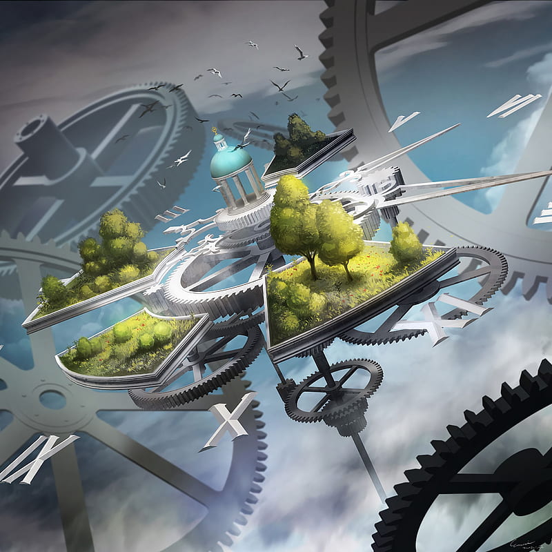 mechanism, cogwheel, watch, city, steampunk, art, HD phone wallpaper