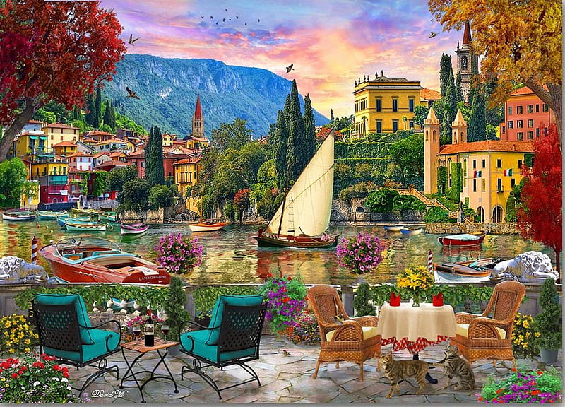 Al Fresco, Italy, tables, boats, restaurant, mountains, village, chairs, river, artwork, digital, HD wallpaper