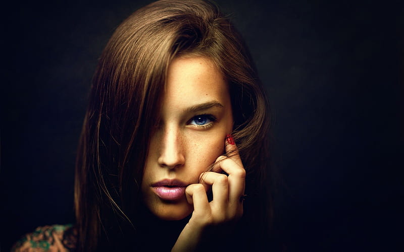 portrait, beautiful girl, blue eyes, brown hair, look, HD wallpaper