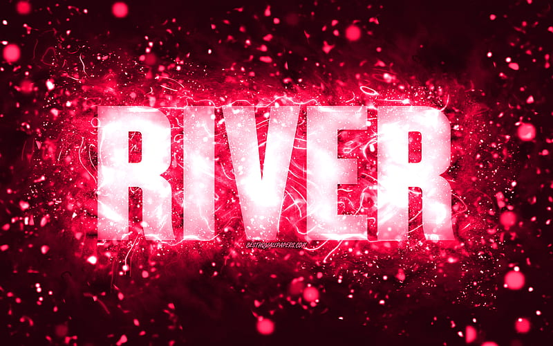 Happy Birtay River, pink neon lights, River name, creative, River Happy Birtay, River Birtay, popular american female names, with River name, River, HD wallpaper