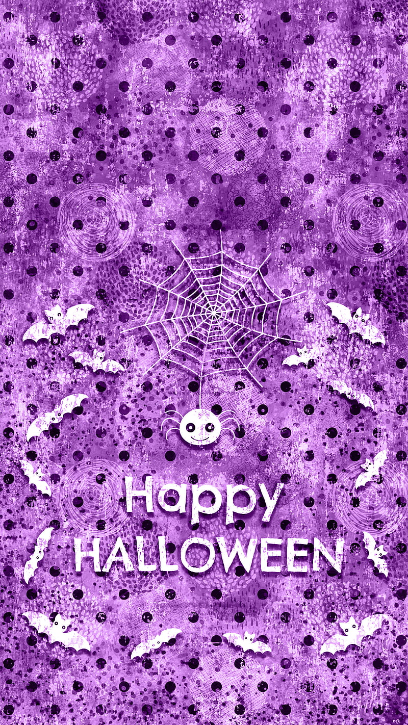 Happy Halloween Spider, Adoxali, October, autumn, background, bat, celebration, creepy, cute, dots, event, fall, holiday, illustration, night, party, saying, scary, season, seasonal, silhouette, spooky, text, treat, trick, trick or treat, violet, HD phone wallpaper