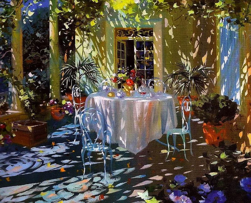 Laurent Parcelier. Verandah in a sunny day, laurent parcelier, table, art, painting, terrace, HD wallpaper