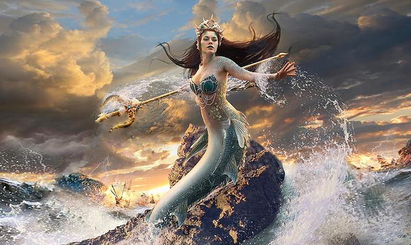 Mermaid in The Sea, brunette, fantasy, water, temptress, Tripod, Mermaid, ocean, browns, HD wallpaper
