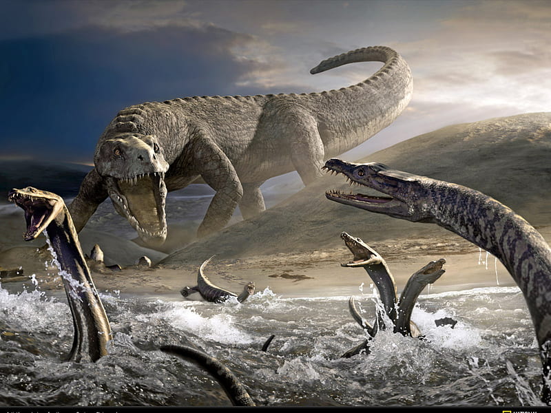 Hunter and he Hunted, prehistoric, t rex, othsaurus, lake, HD wallpaper
