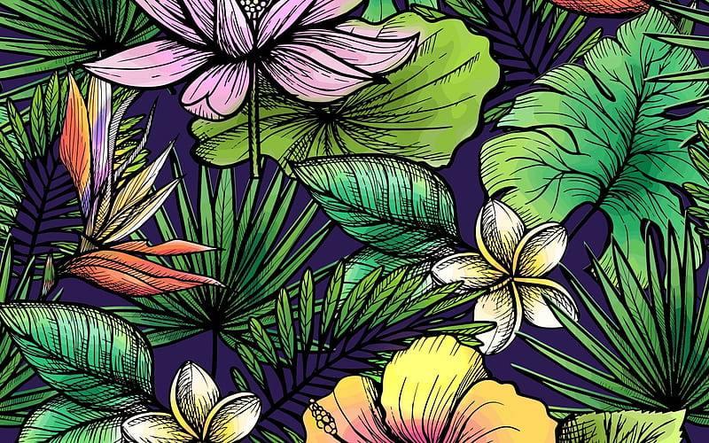 Texture, pattern, lotus, exotic, hibiscus, plumeria, yellow, leaf, green, flower, paper, pink, HD wallpaper