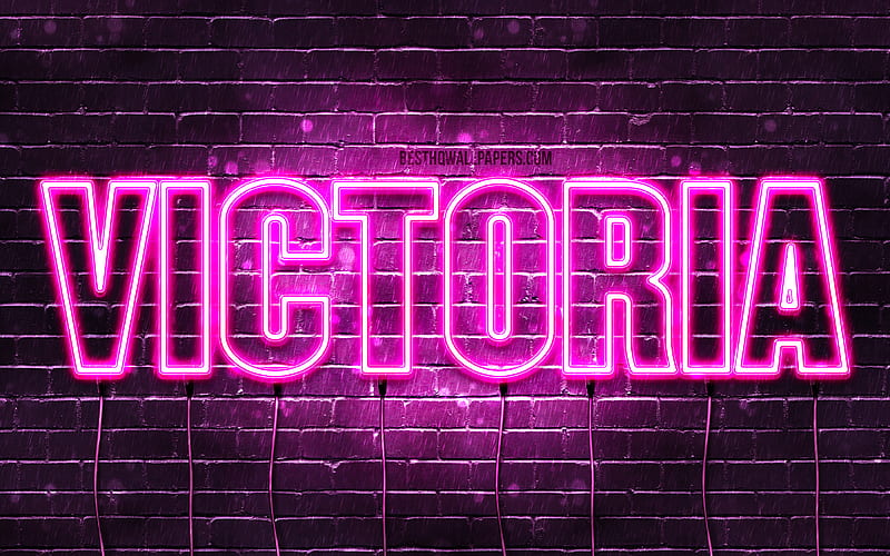 Victoria with names, female names, Victoria name, purple neon lights, horizontal text, with Victoria name, HD wallpaper