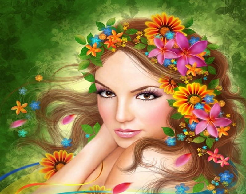 Pretty Lady, flowers, brow hair, woman, brown eyes, HD wallpaper