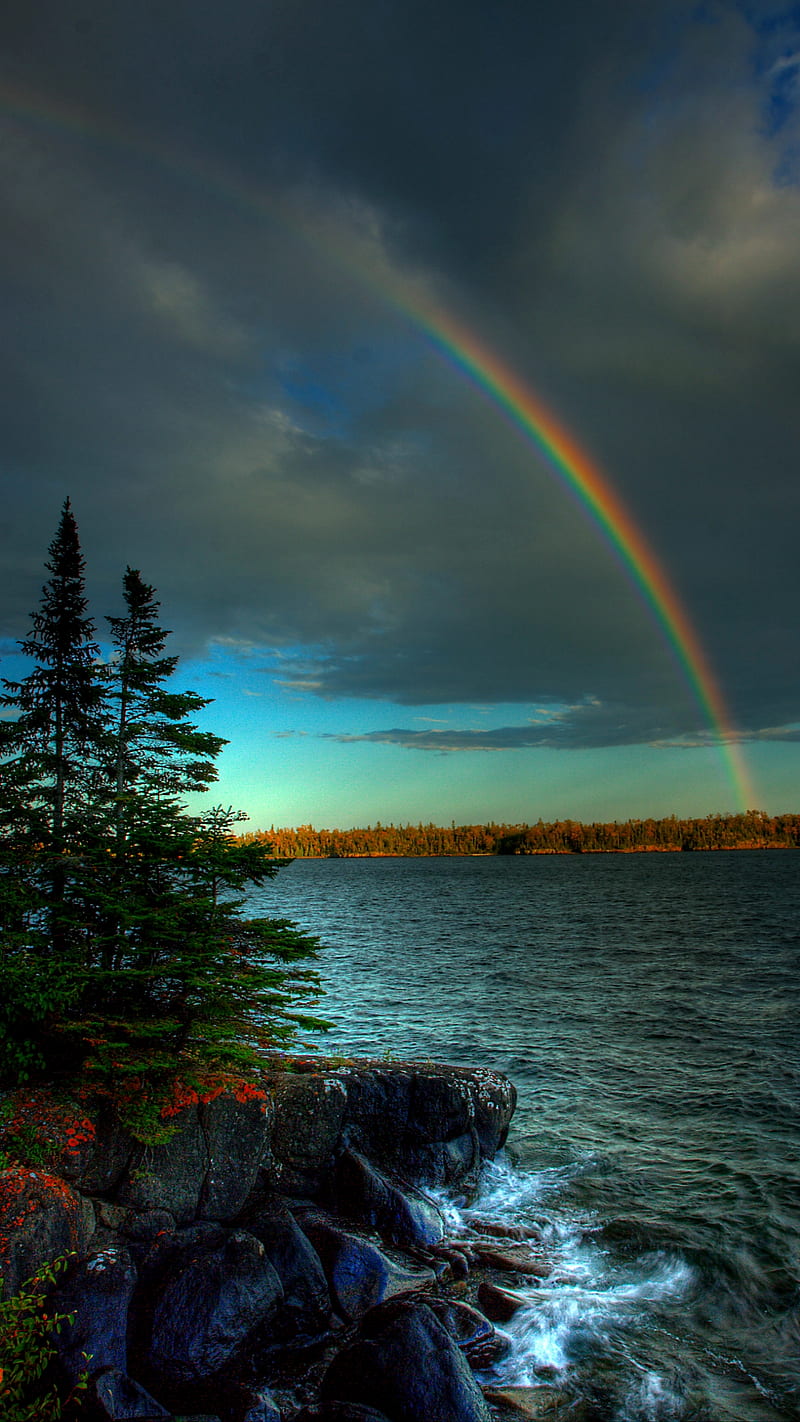 rainbow, blue, clouds, river, sky, HD phone wallpaper