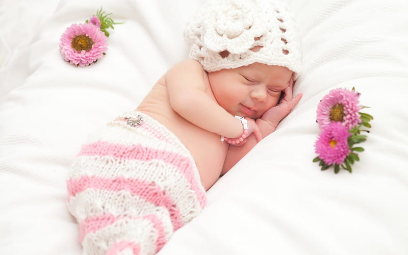 Baby, sleep, flower, child, whte, pink, sweet, hat, HD wallpaper