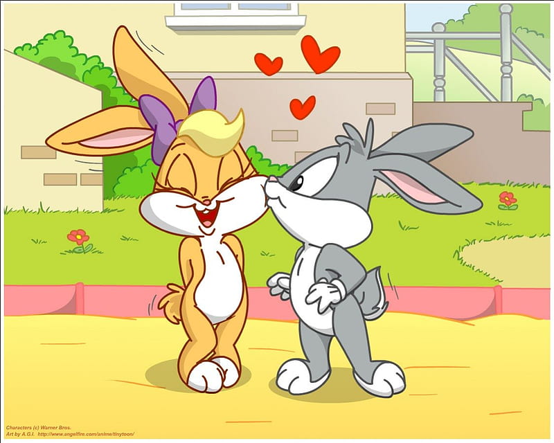 Bugs Bunny and Lola Bunny, lola, bugs, tunes, baby, kiss, tiny, love, bunny, looney, HD wallpaper
