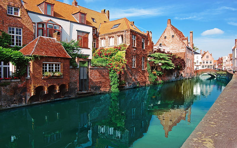 Bruges, canal, beautiful city, morning, cityscape, Belgium, Europe, HD wallpaper
