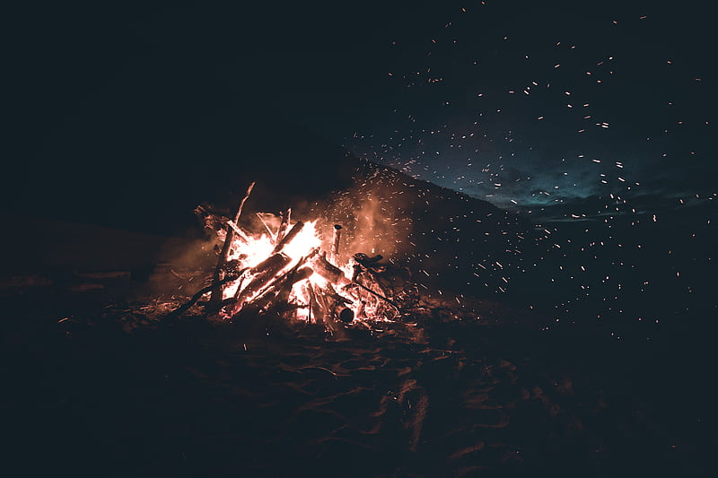 bonfire, sparks, logs, flame, HD wallpaper