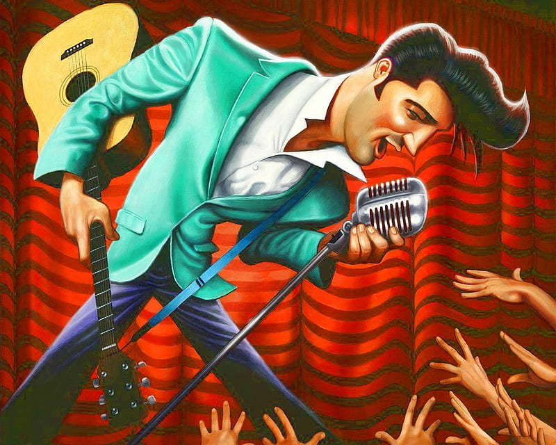 Elvis Presley by David O'Keefe, red, art, caricature, david okeefe, man, singer, elvis presley, microphone, guitar, painting, funny, pictura, portrait, blue, actor, HD wallpaper
