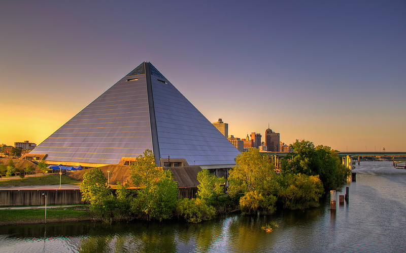 Memphis Pyramid sunset, modern buildings, american cities, Tennessee, cityscapes, Great American Pyramid, Memphis, America, USA, City of Memphis, R, Cities of Tennessee, HD wallpaper