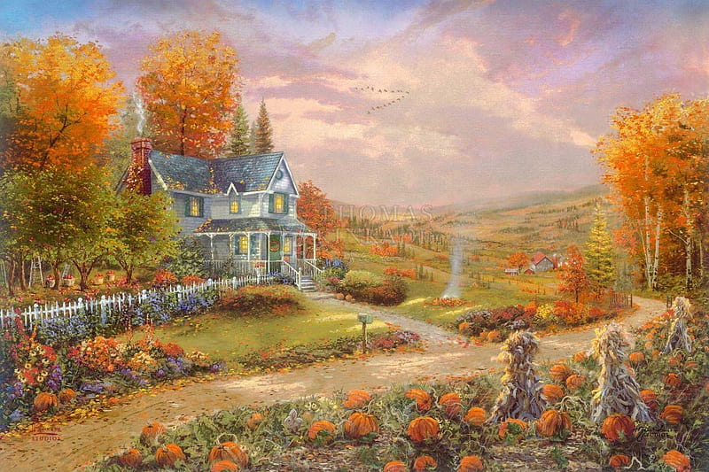 Autumn garden, art, autumn, orange, pumpkin, painting, toamna, garden, pictura, house, HD wallpaper