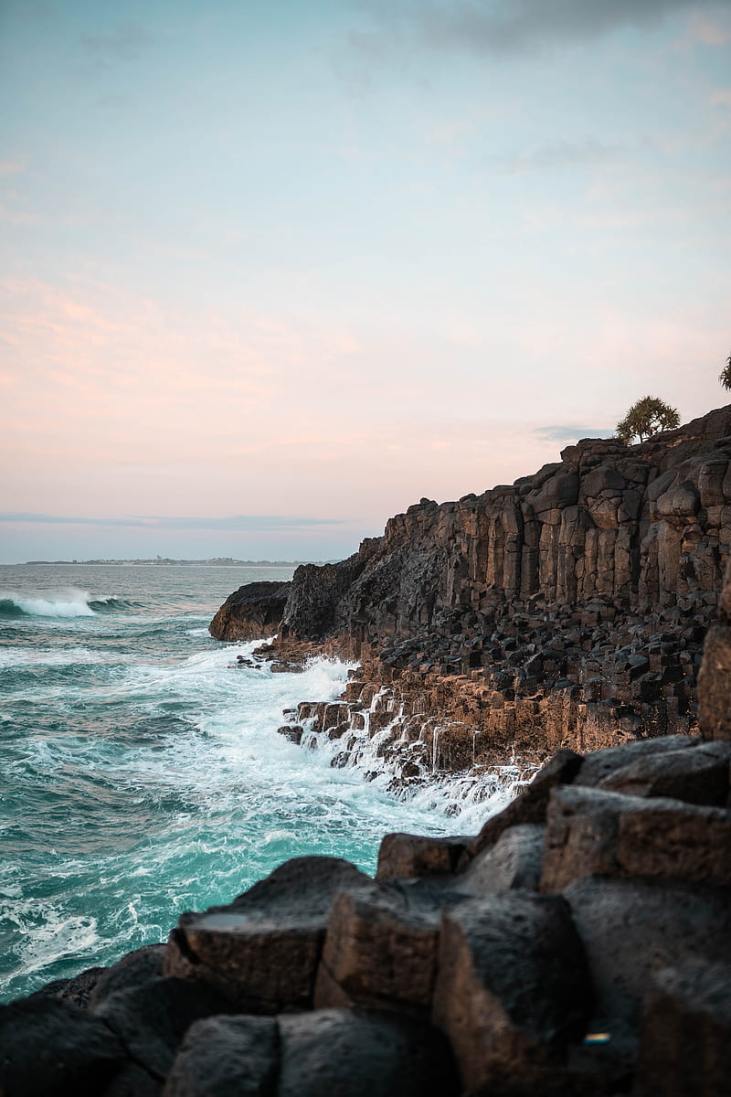 rock, waves, stones, horizon, sea, HD phone wallpaper