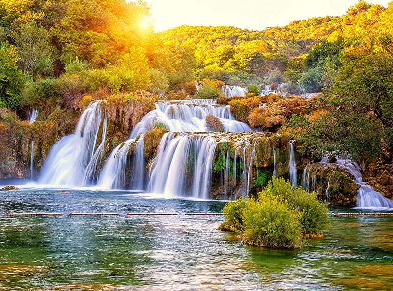 Waterfall at sunrise, fall, autumn, cascades, rays, waterfall, sunrise, morning, bonito, HD wallpaper
