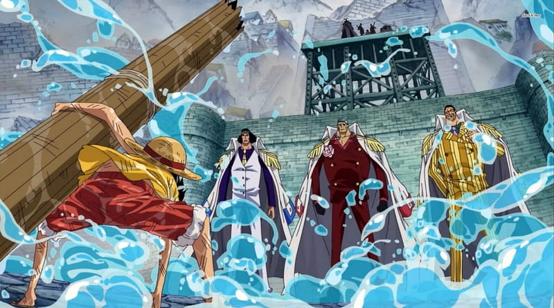 Luffy and the 3 Admirals, sakazuki, pirates, admirals, borsalino, anime boy, one piece, fantasy, cool, water, kuzan, uniform, men, anime, awesome, luffy, monkey d luffy, HD wallpaper