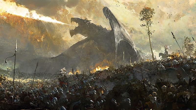 Fantasy Big Black Dragon Is Breathing A Fire On War Dreamy, HD wallpaper