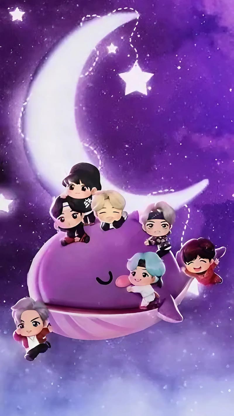 Bts For, Cartoon Art, Moon Background, kpop, singers, HD phone wallpaper