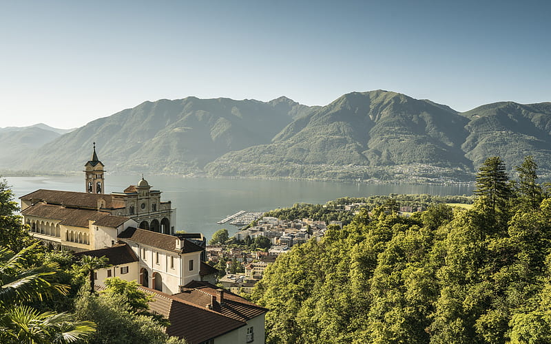 Madonna del Sasso Sanctuary, Lake Maggiore, Alps, Madonna del Sasso, Ticino, Locarno, morning, mountain landscape, beautiful lake, Italy, HD wallpaper
