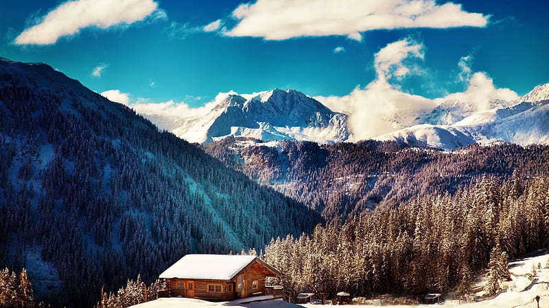 Magnificent alpine landscape, mountains, logs, forests, cabin, sky ...