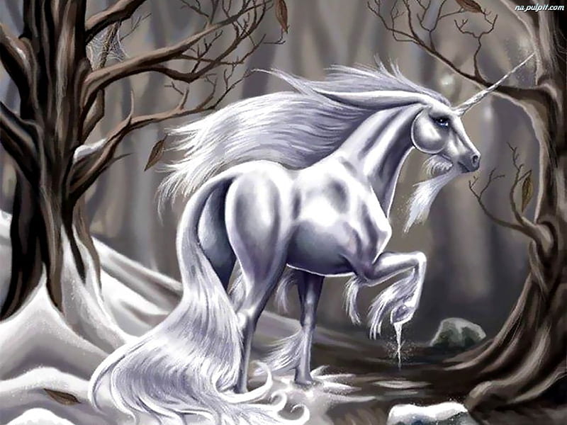 Winter Unicorn, fantasy, trees, snow, unicorn, HD wallpaper