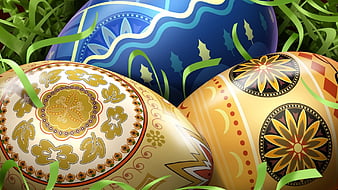 easter eggs, pattern, eggs, easter, grass, HD wallpaper
