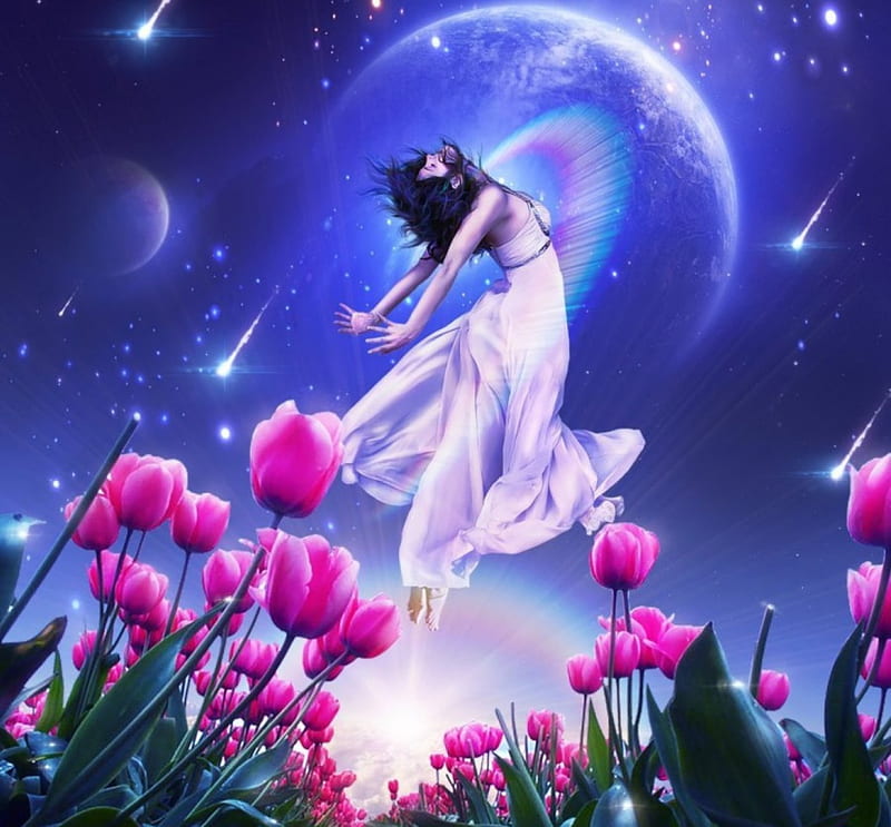 Escape from Reality, shooting, stars, girl, space, bonito, tulips, pink, HD wallpaper
